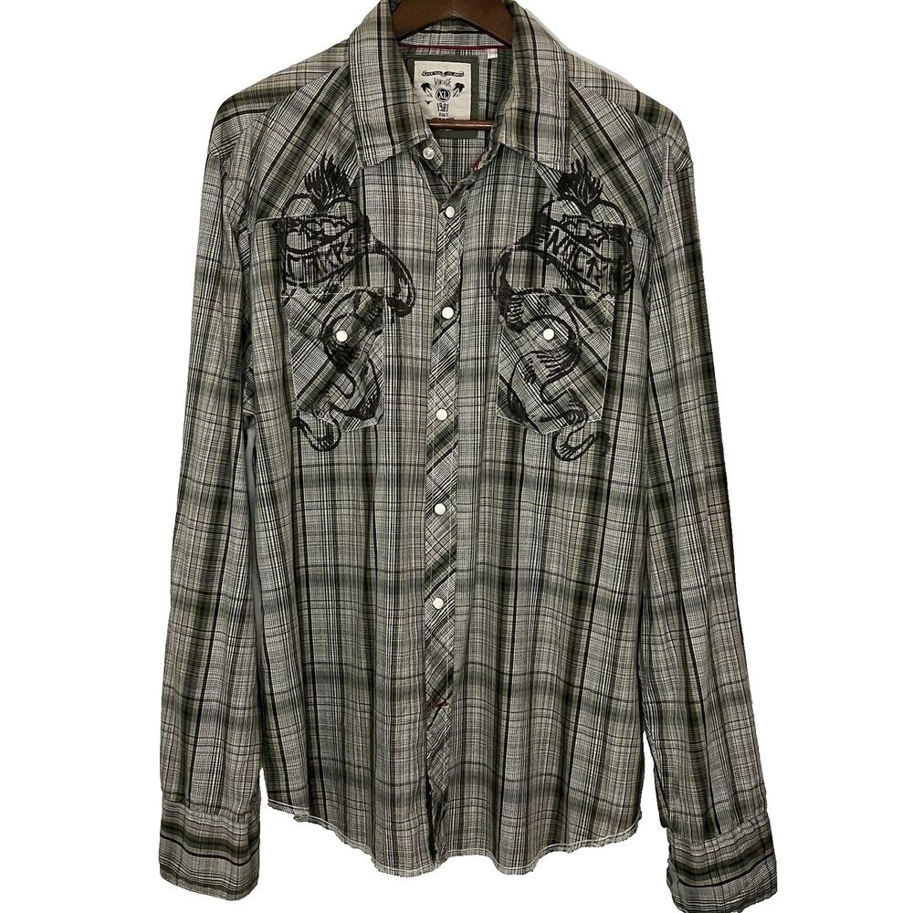 GUESS Vintage Men's Pearl Snap Button Down Western Shirt Y2K Art Green Plaid  XL